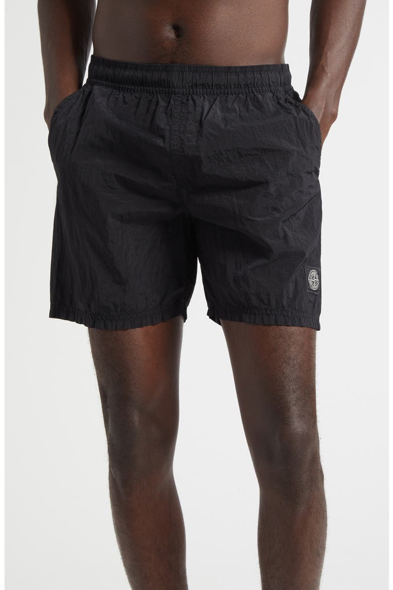 Compass Logo Patch Nylon Swim Trunks, Main, color, V0029 BLACK