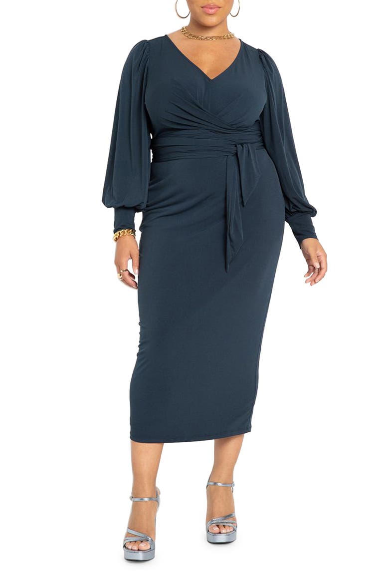 Cross Front Belted Knit Midi Dress, Main, color, CARBON
