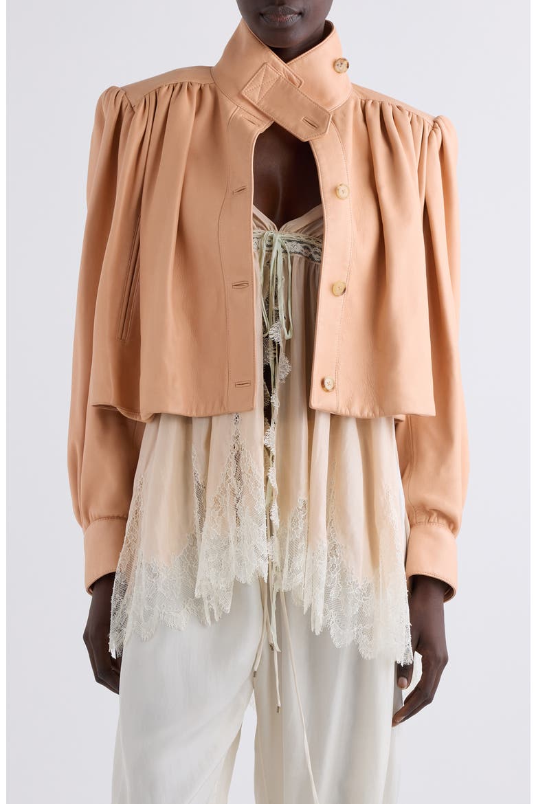 Puff Shoulder Leather Crop Jacket, Main, color, DUSTY CORAL