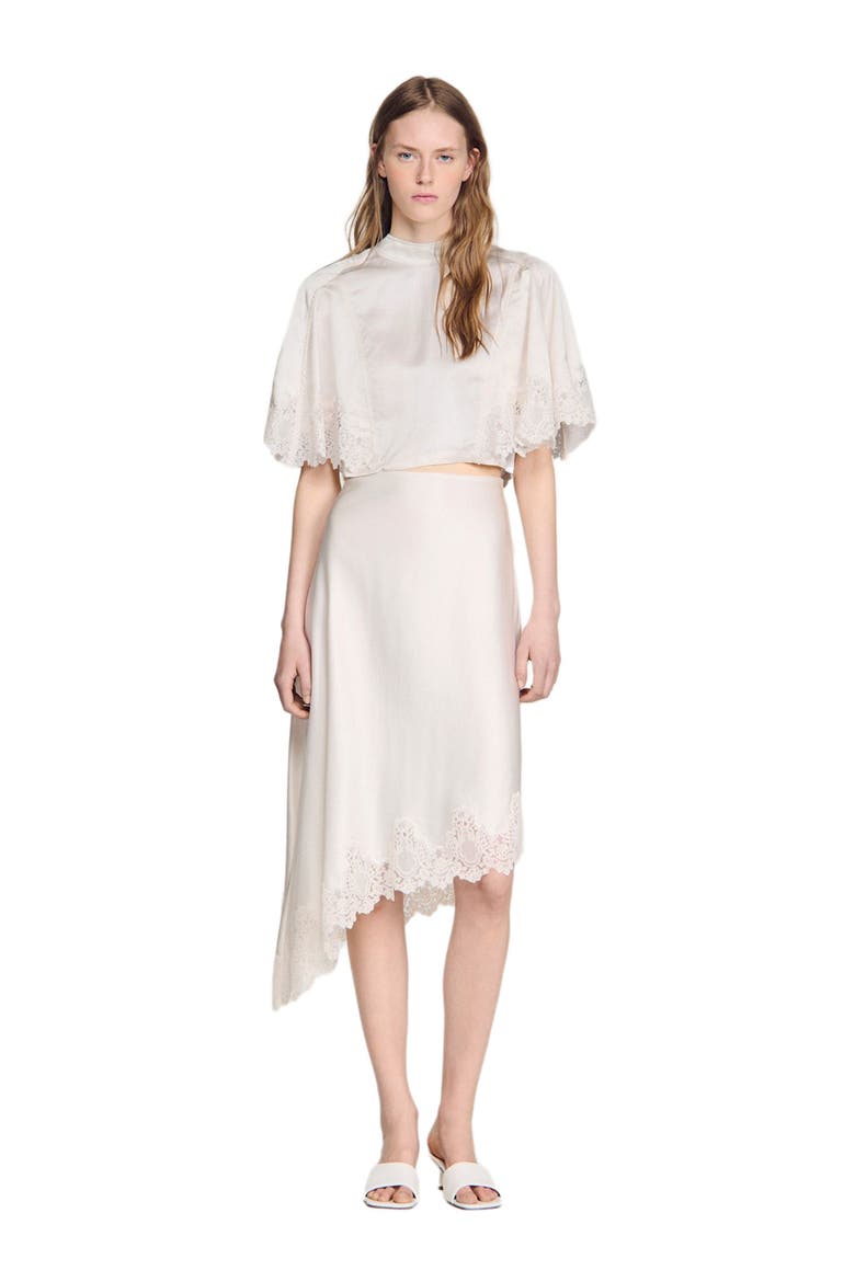 Asymmetrical satin skirt with lace, Alternate, color, Ecru