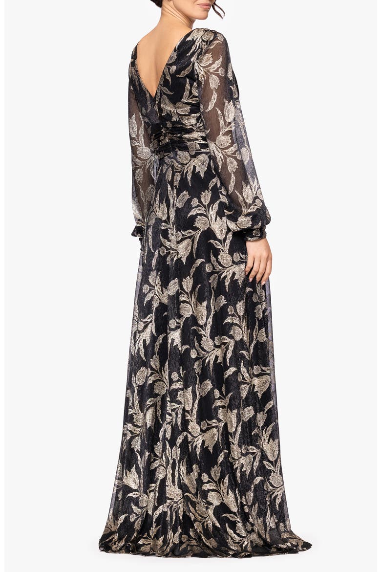 Metallic Floral Long Sleeve Crinkle Mesh Gown, Alternate, color, BLACK/GOLD