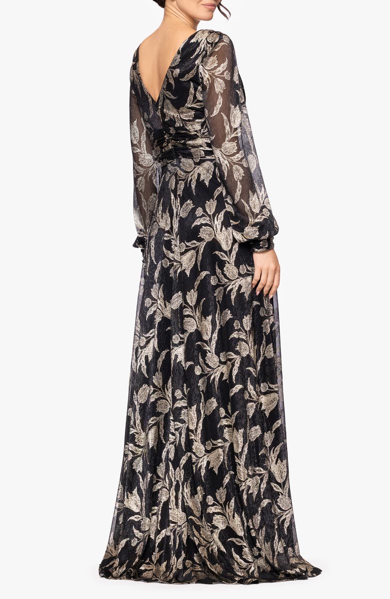 Betsy & Adam Metallic Floral Long Sleeve Crinkle Mesh Gown, Alternate, color, Black/Gold