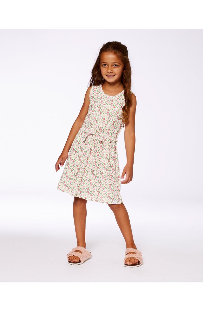Deux par Deux Little Girl's Printed Ribbed Dress With Waist Tie Small Flowers On White Background, Alternate, color, Small Flowers On White