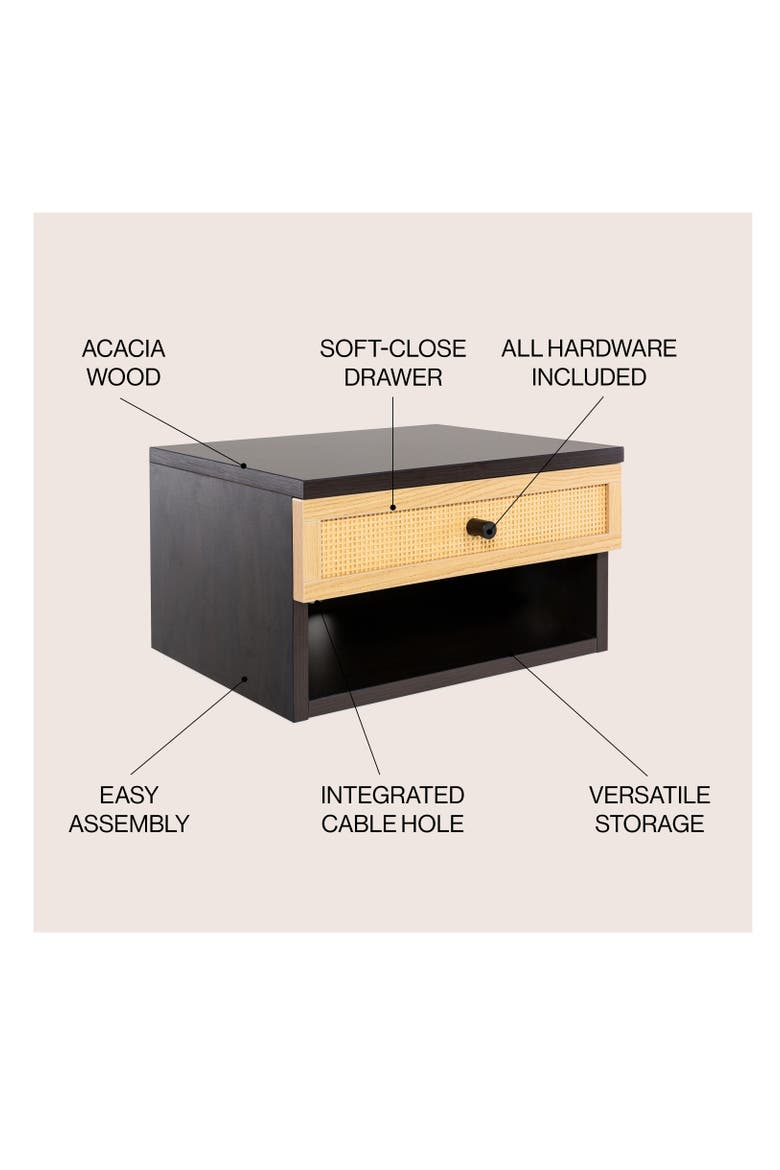 Celerie Bohemian Wall Mounted Floating Nightstand, Bedside Table with Woven Storage Drawer Open Cubby, Alternate, color, Black/Light Oak