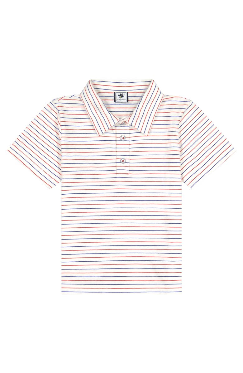 Busy Bees Boys Short Sleeve Polo Red White and Blue Stripe, Main, color, White And Blue Stripe