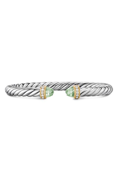 Cable Flex Bracelet in Sterling Silver with 14K Gold, Prasiolite & Diamonds, 6mm