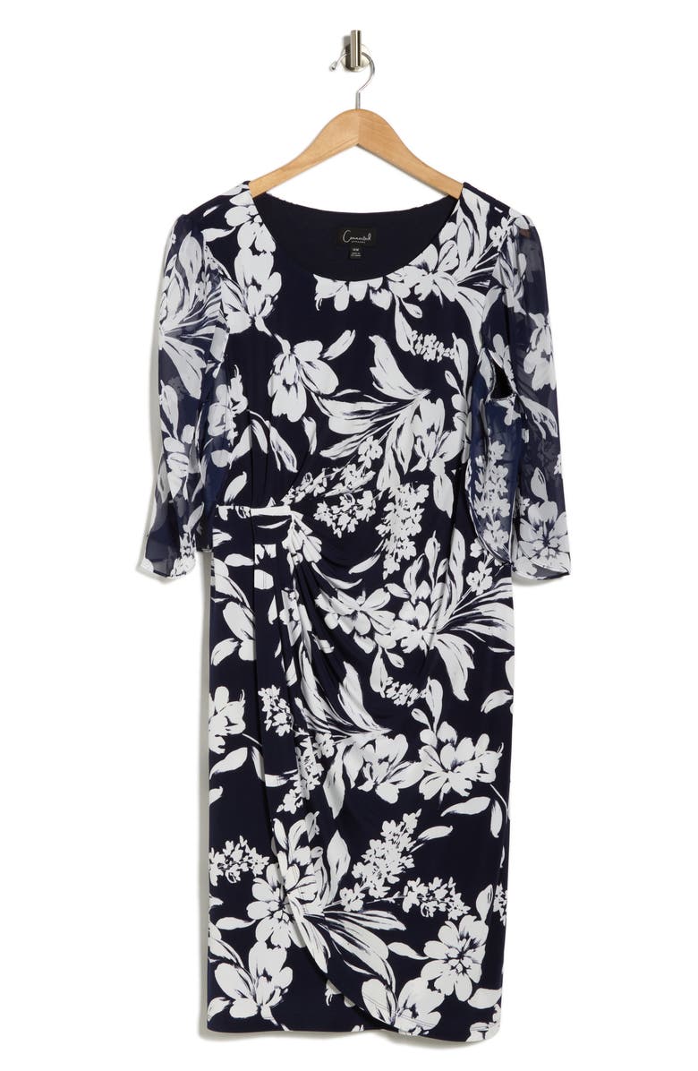 Connected Apparel Cape Sleeve Faux Wrap Dress, Main, color, Navy