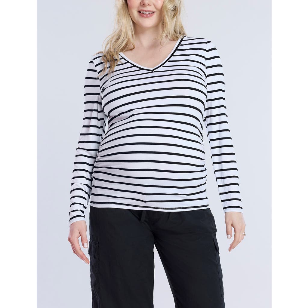 Motherhood Maternity V-neck Side-ruched Maternity Long Sleeve Tee In Black & White Stripe