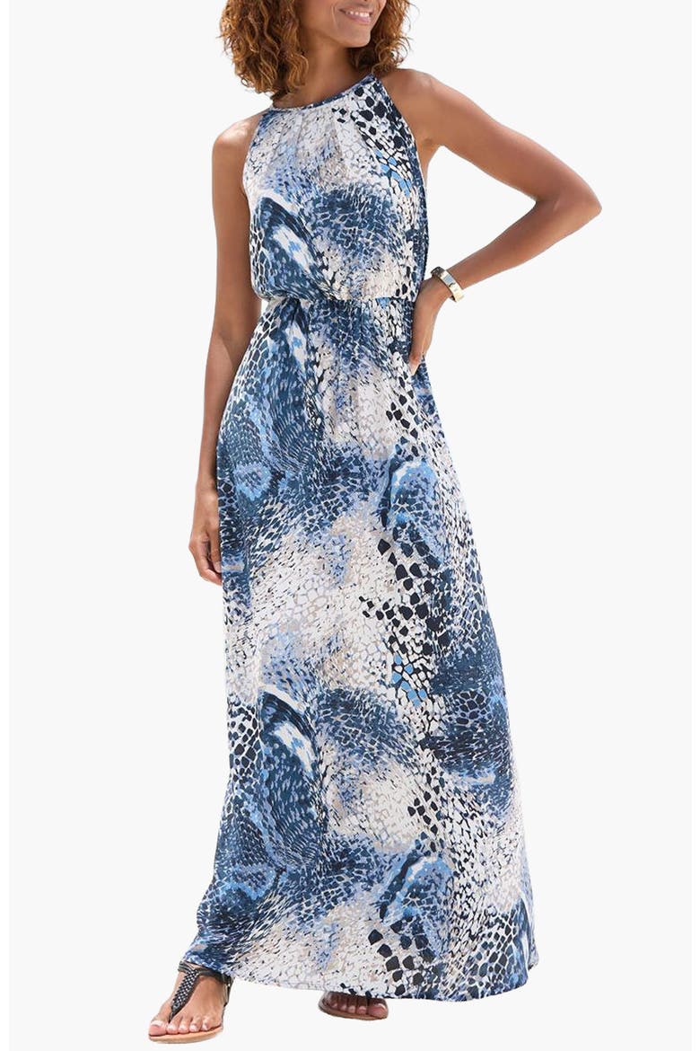 Women's High Neck Sleeveless Maxi Dress, Main, color, Blue-Printed