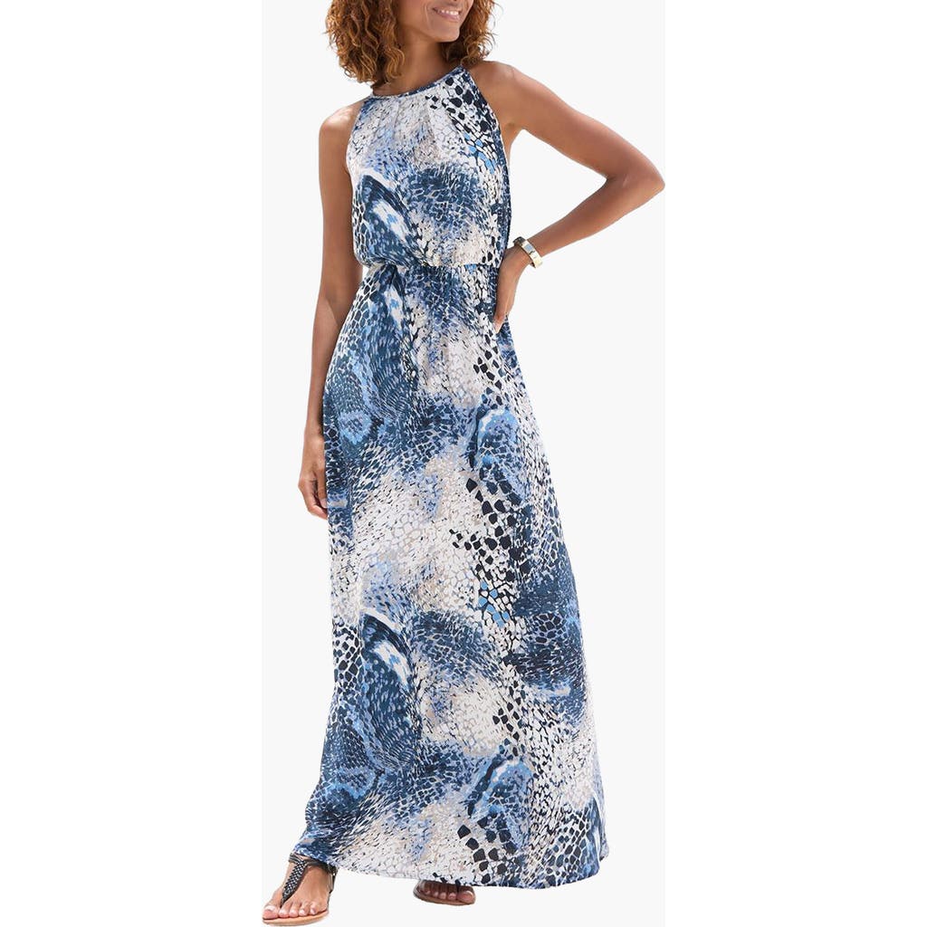 LASCANA High Neck Sleeveless Maxi Dress in Blue-Printed at Nordstrom, Size 14