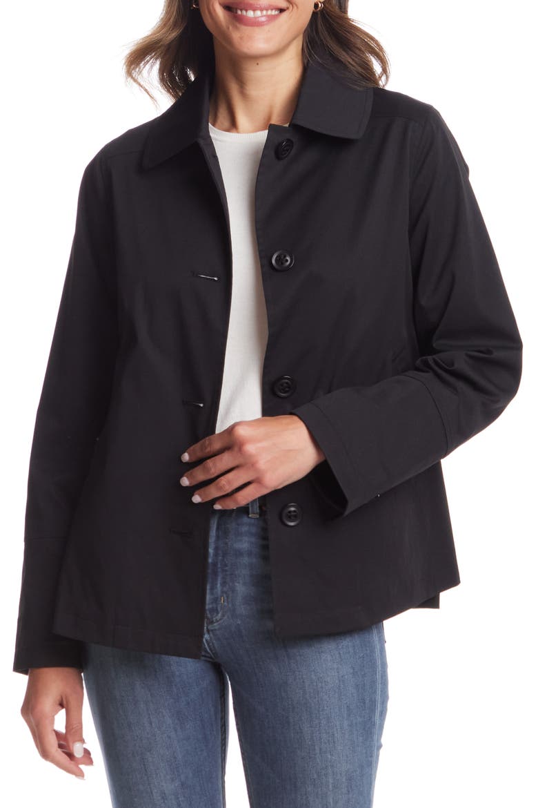 Button Front Water Resistant Raincoat, Main, color, BLACK
