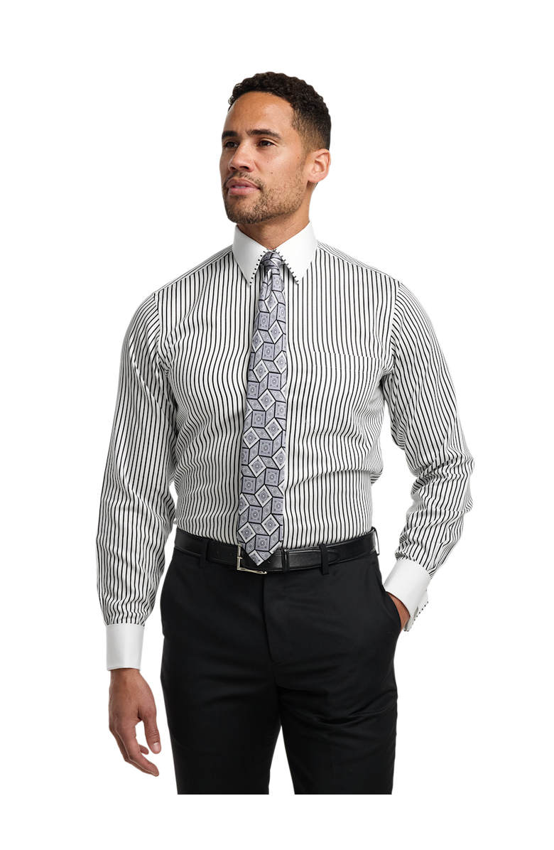 Paul Fredrick Comfort Stretch Non-iron Stripe Dress Shirt With Contrast Trim, Alternate, color, Black