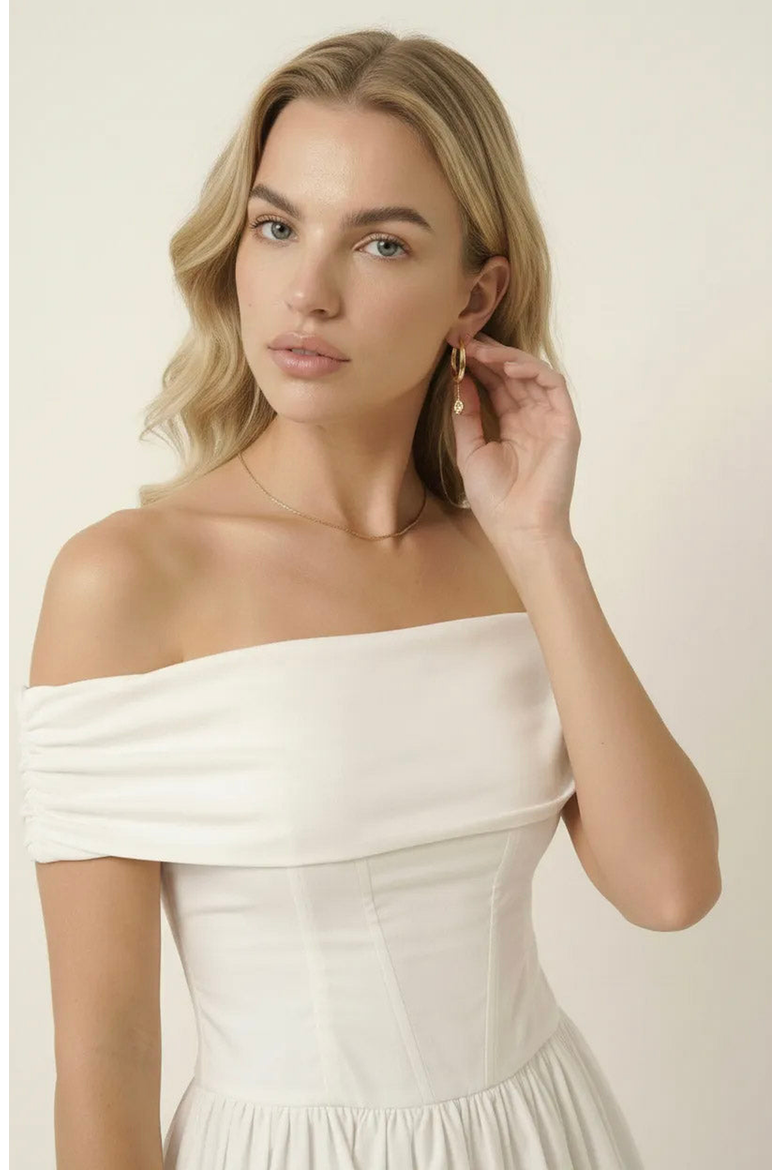 Off-Shoulder Ruched Bodice Mini Dress with Flowy Skirt, Alternate, color, White
