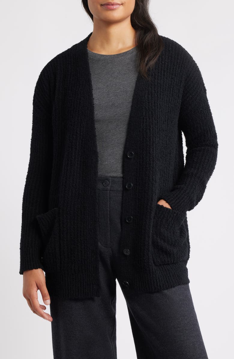 Eileen Fisher Ribbed Boyfriend Cardigan, Main, color, Black