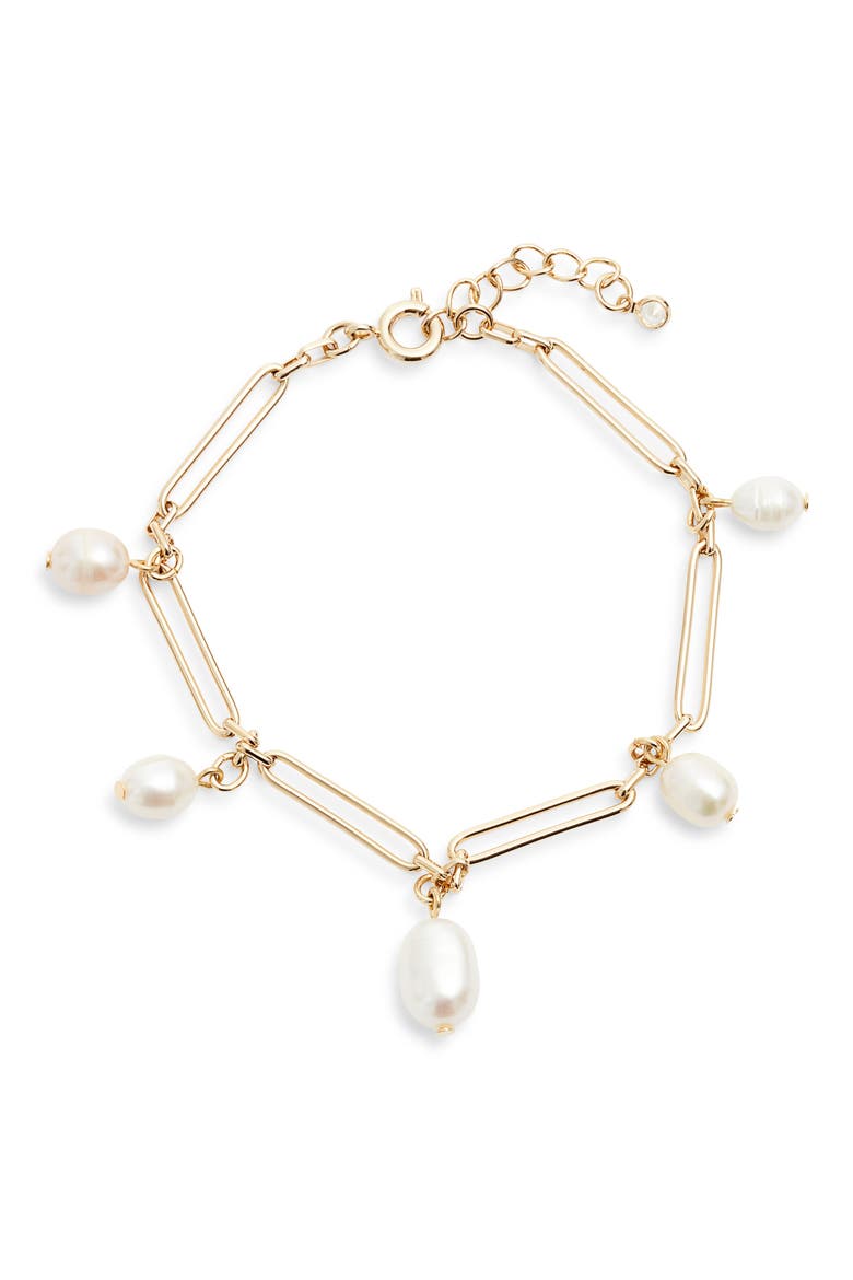 Freshwater Pearl Paper Clip Chain Bracelet, Main, color, WHITE- 14K GOLD PLATED