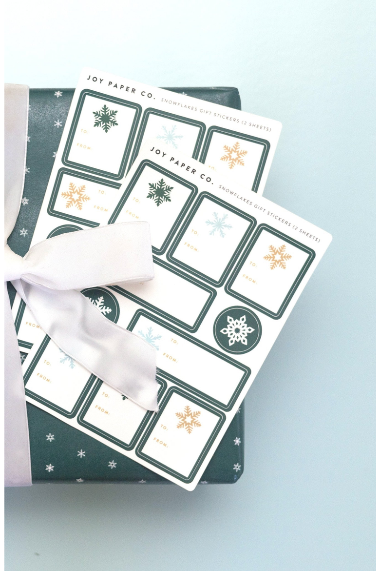 Snowflakes Gift Sticker Sheets, Alternate, color, Green / Gold / Light Blue