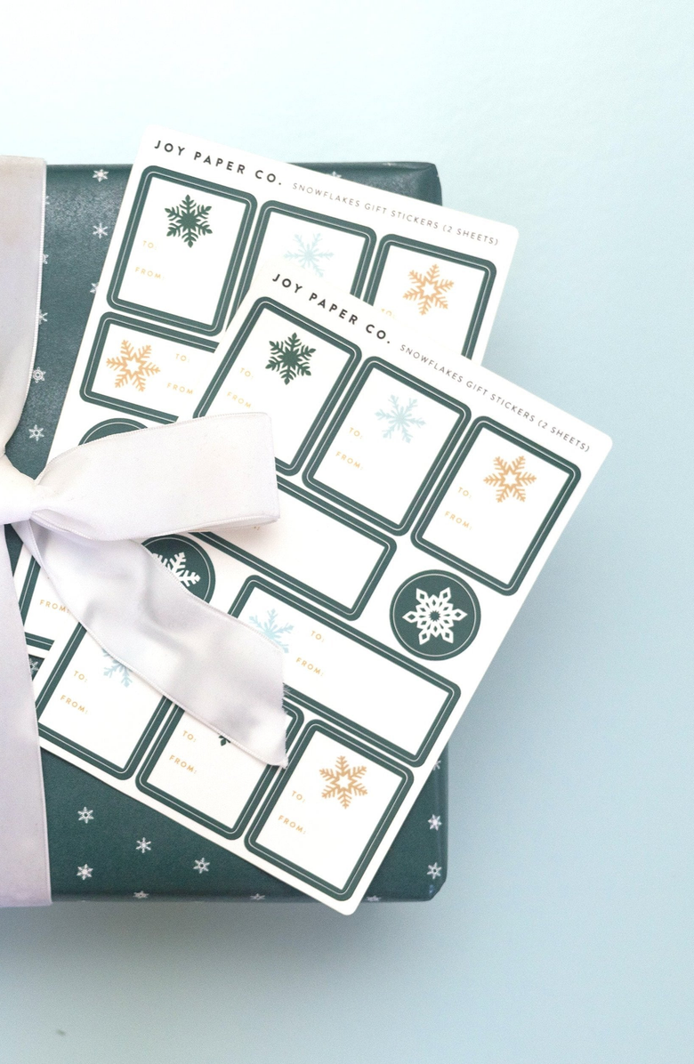 Joy Paper Co. Snowflakes Gift Sticker Sheets, Alternate, color, Green / Gold / Light Blue