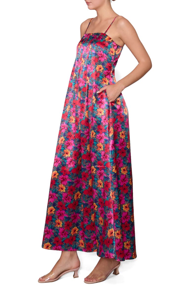 Print Sleeveless Satin Maxi Dress, Alternate, color, BLACK MAGENTA MULTI