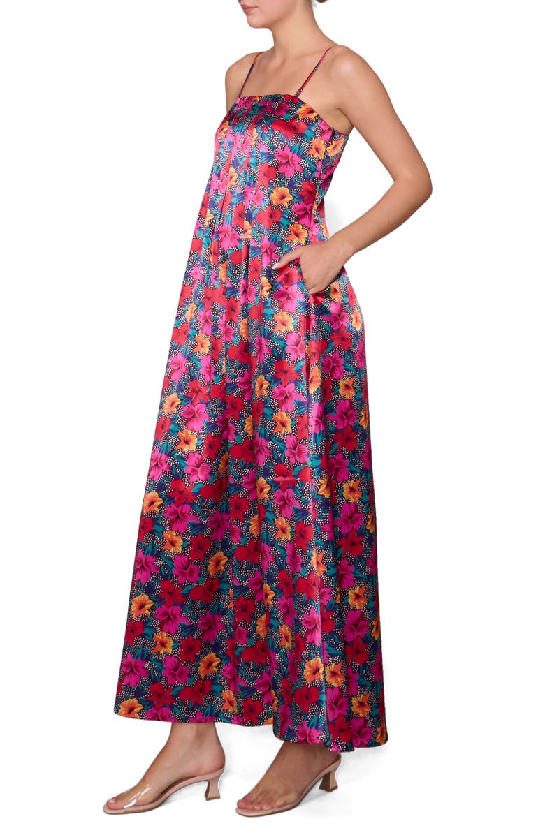 MELLODAY Print Sleeveless Satin Maxi Dress, Alternate, color, Black Magenta Multi