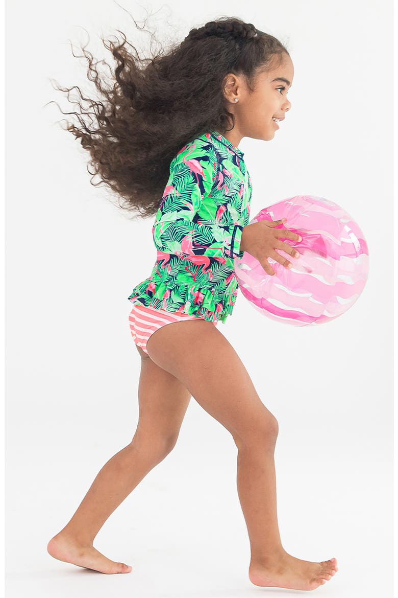 Kids' Flamingo Frenzy Long Sleeve Two-Piece Rashguard Swimsuit, Alternate, color, BLUE