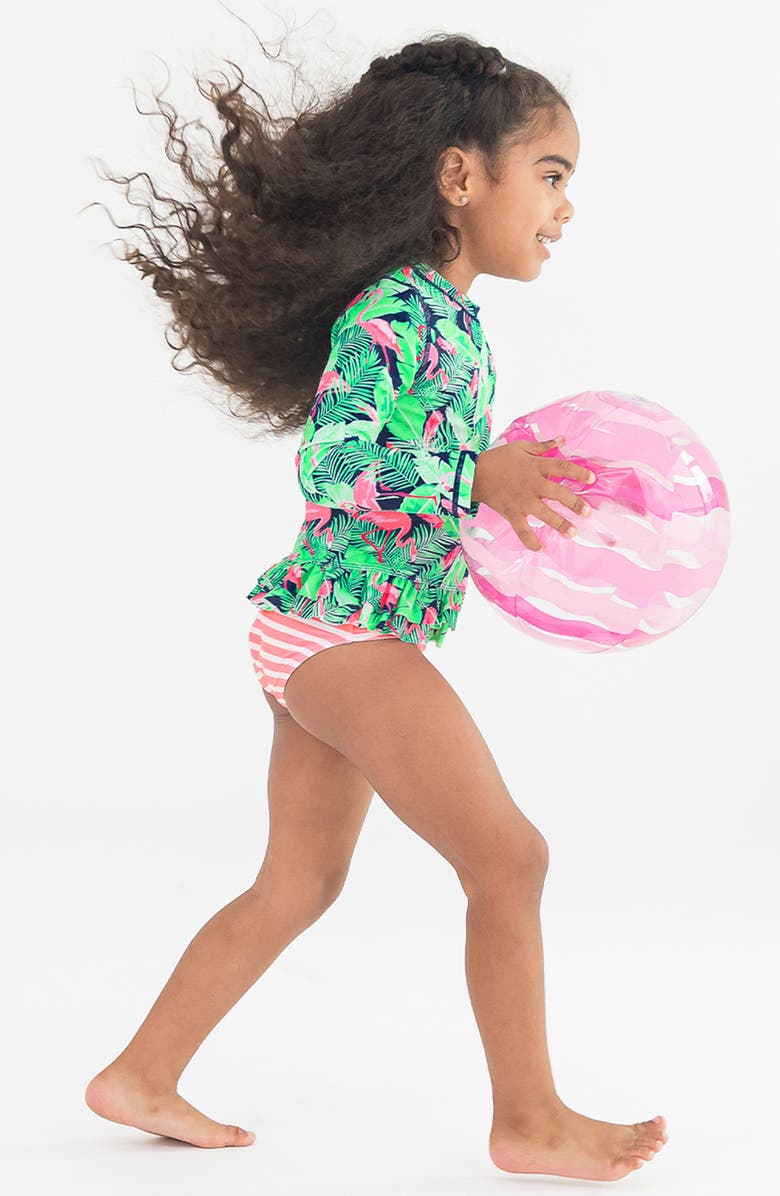 RuffleButts Kids' Flamingo Frenzy Long Sleeve Two-Piece Rashguard Swimsuit, Alternate, color, Blue