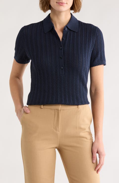 Pointelle Stitch Button-Up Polo