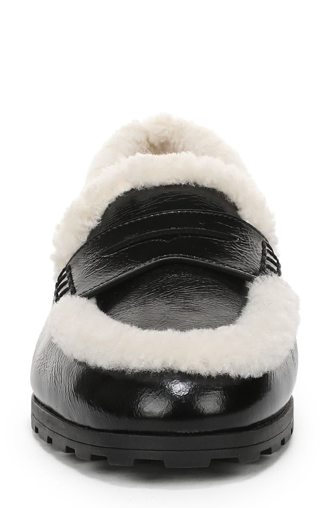 Penny Lug Loafer with Genuine Shearling Trim, Alternate, color, BLACK LEATHER