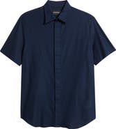 Emporio Armani Textured Stripe Short Sleeve Knit Cotton Button-Up Shirt