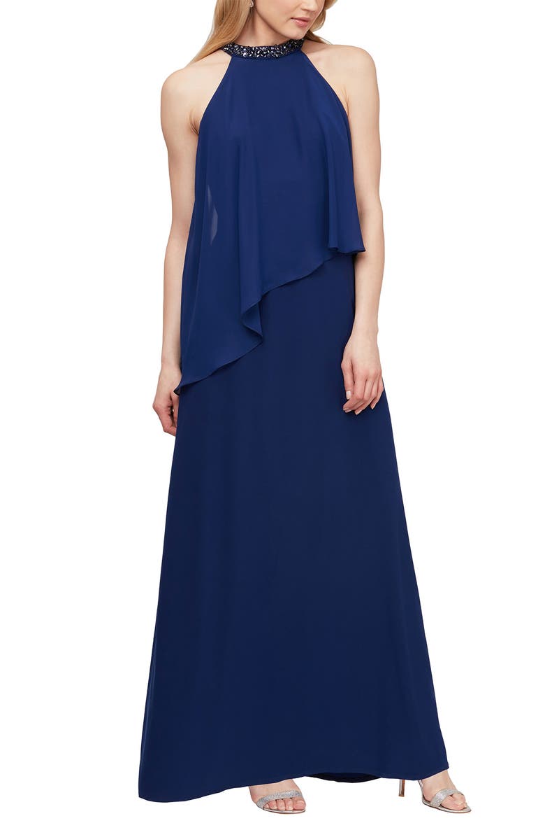 SLNY Embellished Halter Neck Layered Chiffon Gown, Main, color, 
