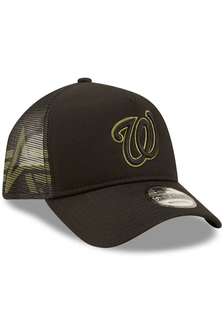 Men's New Era x Alpha Industries Black Washington Nationals A-Frame 9FORTY Trucker Snapback Hat, Alternate, color, Black