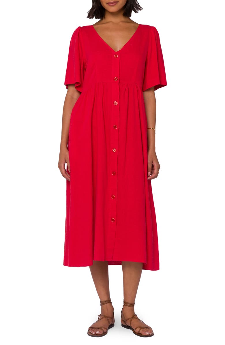 VELVET HEART Buttoned Linen Blend Midi Dress, Main, color, Saucy Red