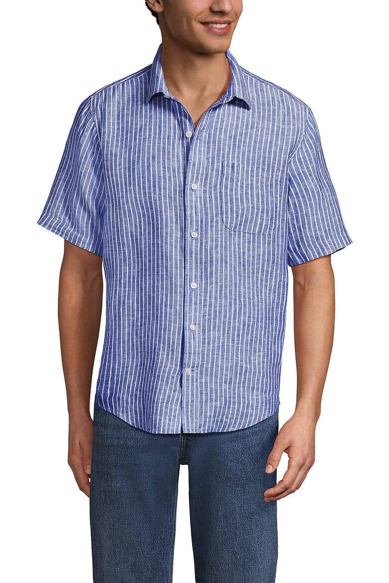 Traditional Fit Short Sleeve Linen Shirt, Main, color, Pale Sapphire Stripe