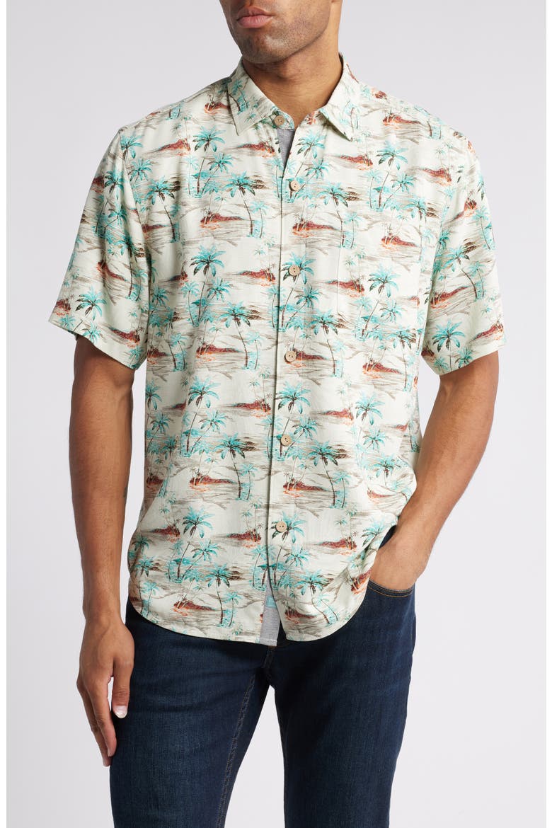 Oceanic Oasis Print Short Sleeve Silk Button-Up Shirt, Main, color, VETIVER