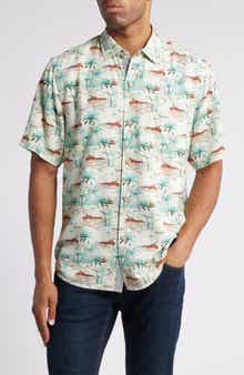 Oceanic Oasis Print Short Sleeve Silk Button-Up Shirt