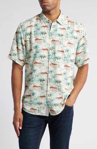 Oceanic Oasis Print Short Sleeve Silk Button-Up Shirt