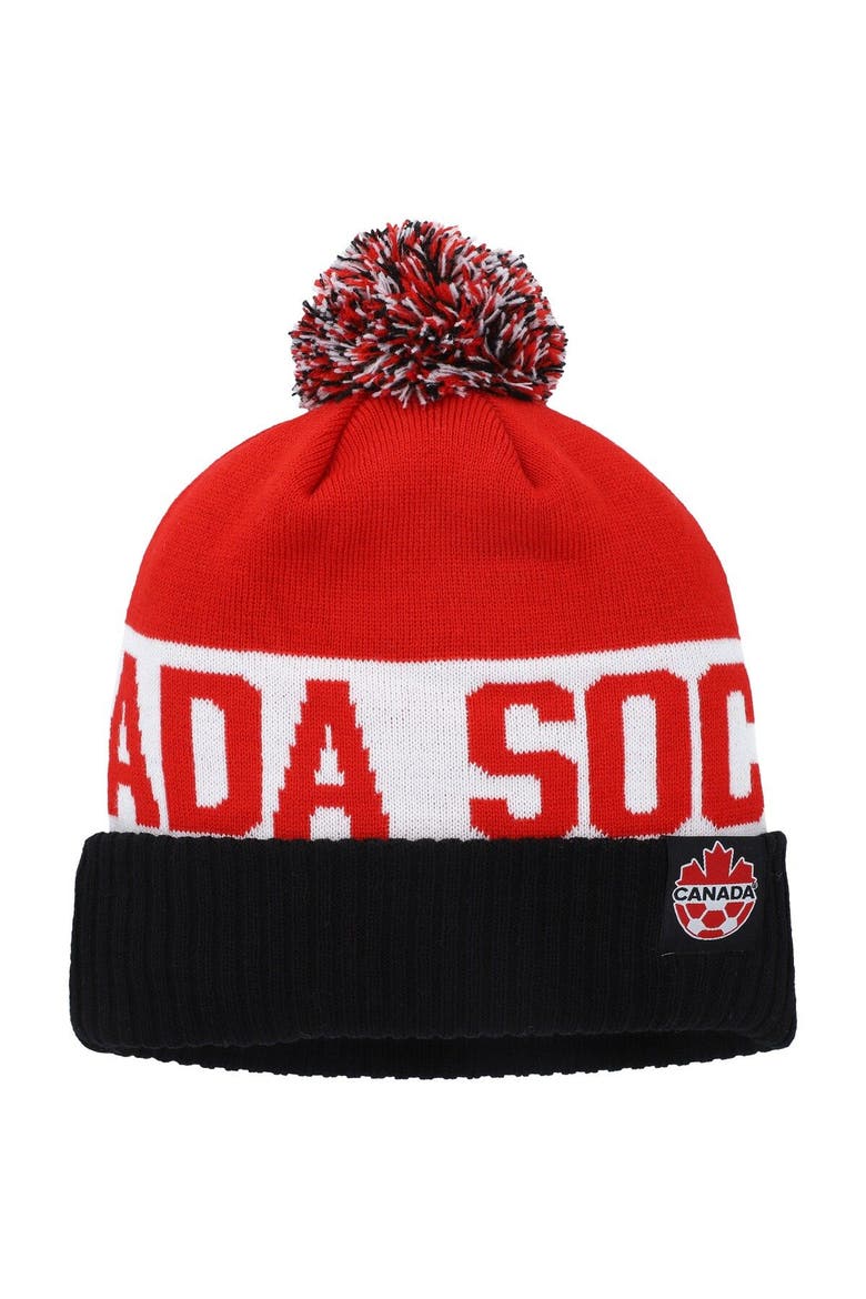 Men's Nike Black/Red Canada Soccer Classic Stripe Cuffed Knit Hat with Pom, Main, color, Black