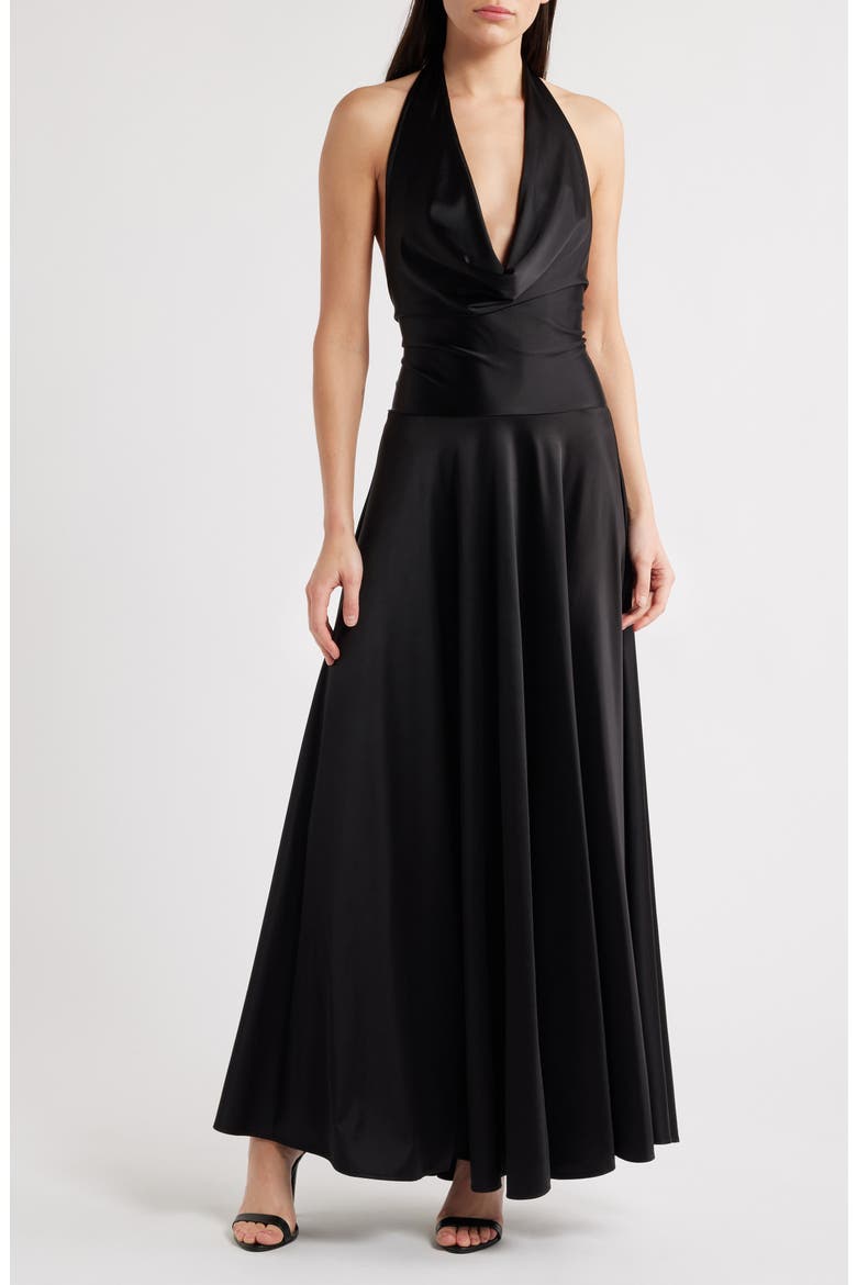 Adora Halter Satin Gown, Main, color, BLACK