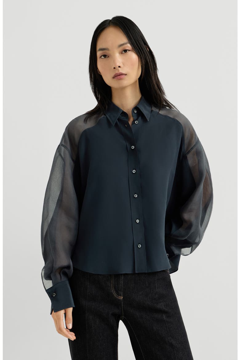 Silk crêpe de Chine paneled shirt with monili, Main, color, Blue