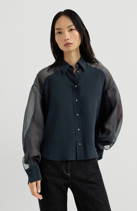 Silk crêpe de Chine paneled shirt with monili