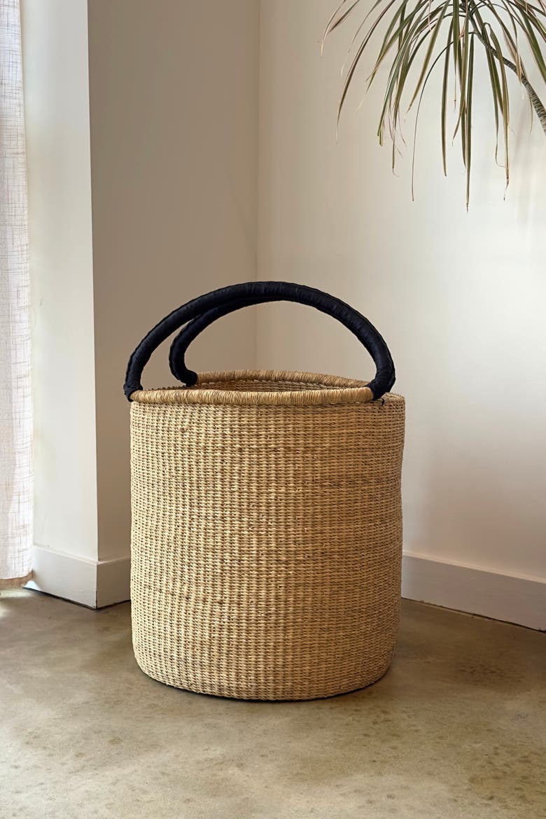 Handwoven Double Weave Hamper Basket with Black Leather Handles, Alternate, color, Natural