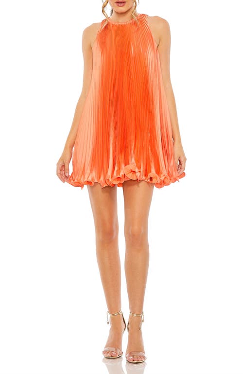 Mac Duggal Pleated Halter Neck Flowy Mini Trapeze Dress In Tangerine