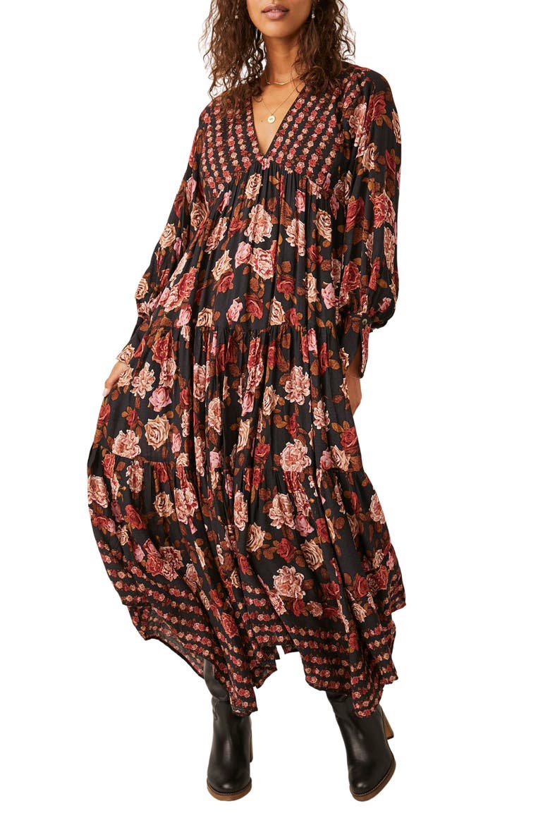 Rows of Roses Long Sleeve Maxi Dress, Main, color, BLACK COMBO