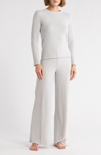 Yogalicious Brushed Ribbed Long Sleeve Top & Pants Pajamas In Gray