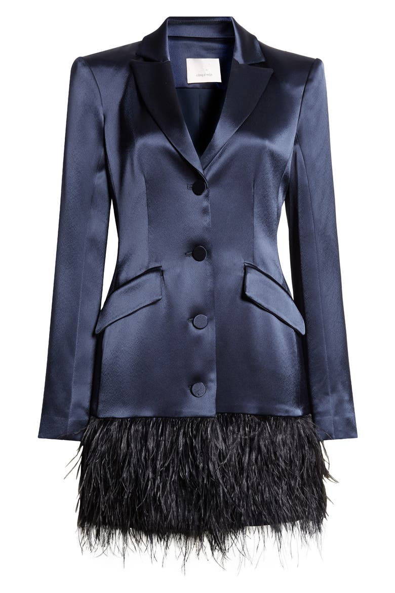 Joel Feather Hem Long Sleeve Satin Blazer Minidress, Alternate, color, NAVY