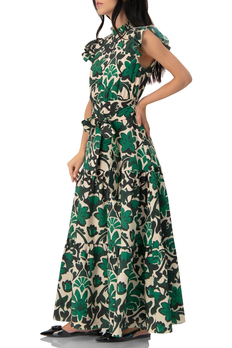 Printed Ruffle-Sleeve Maxi Dress with Tie Waist, Alternate, color, Green