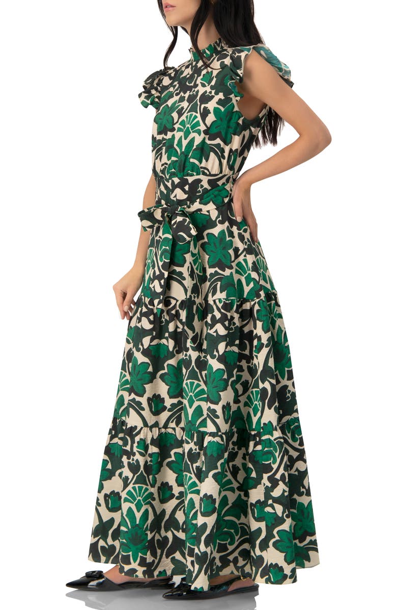IVONNE Printed Ruffle-Sleeve Maxi Dress with Tie Waist, Alternate, color, Green