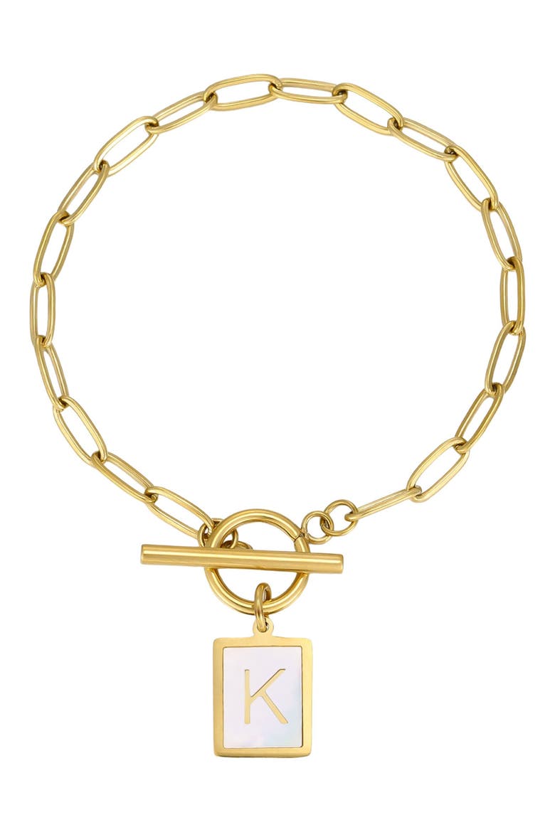 18K Gold Plated Mother-of-Pearl Initial Charm Toggle Bracelet, Main, color, WHITE/ GOLD-K