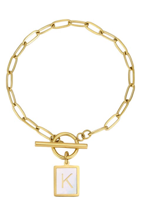 18K Gold Plated Mother-of-Pearl Initial Charm Toggle Bracelet