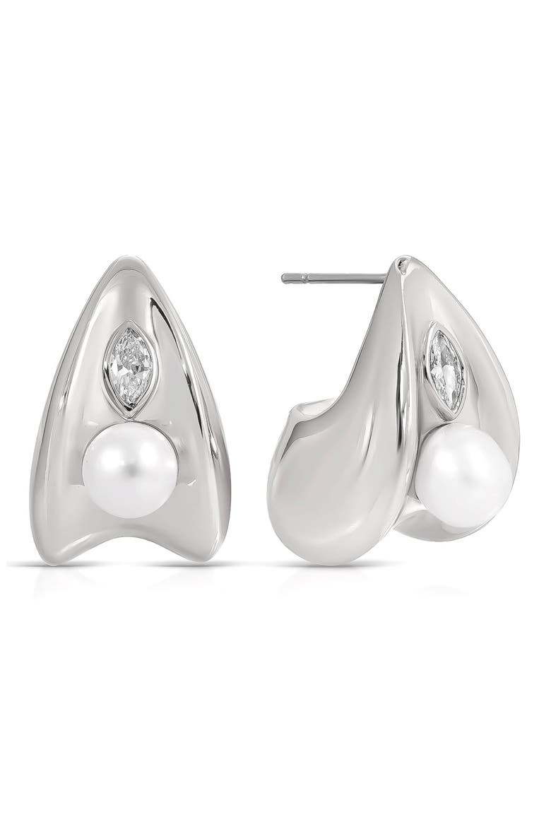 Hera Freshwater Pearl Huggie Earrings, Main, color, SILVER