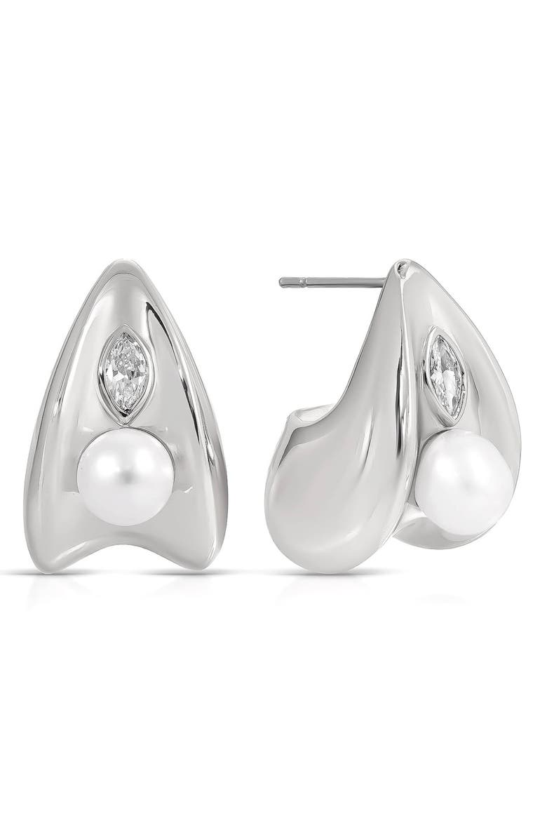 Ettika Hera Freshwater Pearl Huggie Earrings, Main, color, Silver